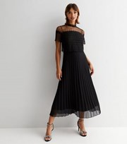 New Look Black Lace Layer High Neck Short Sleeve Pleated Skirt Midi Dress